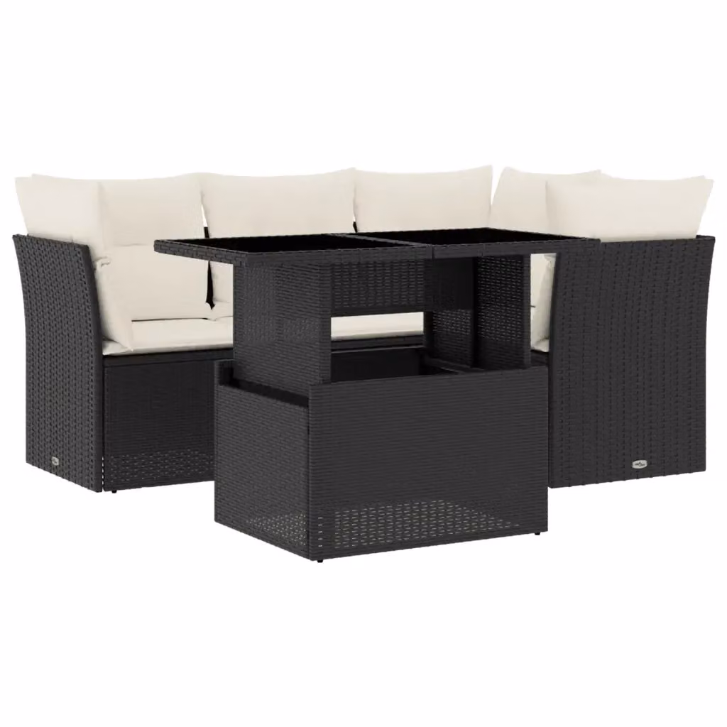 vidaXL Set Divani da Giardino a L 5 pz con Tavolino in Vetro e Cuscini, Polyrattan e Acciaio Nero e Bianco – 2