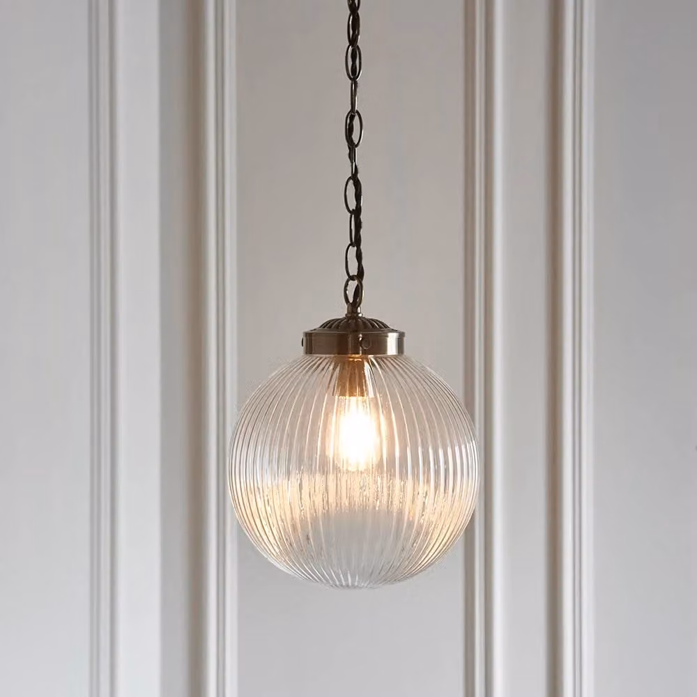 Lampada a sospensione vintage Endon in ottoro e vetro trasparente con globo Ø25 cm e attacco E27 – 2