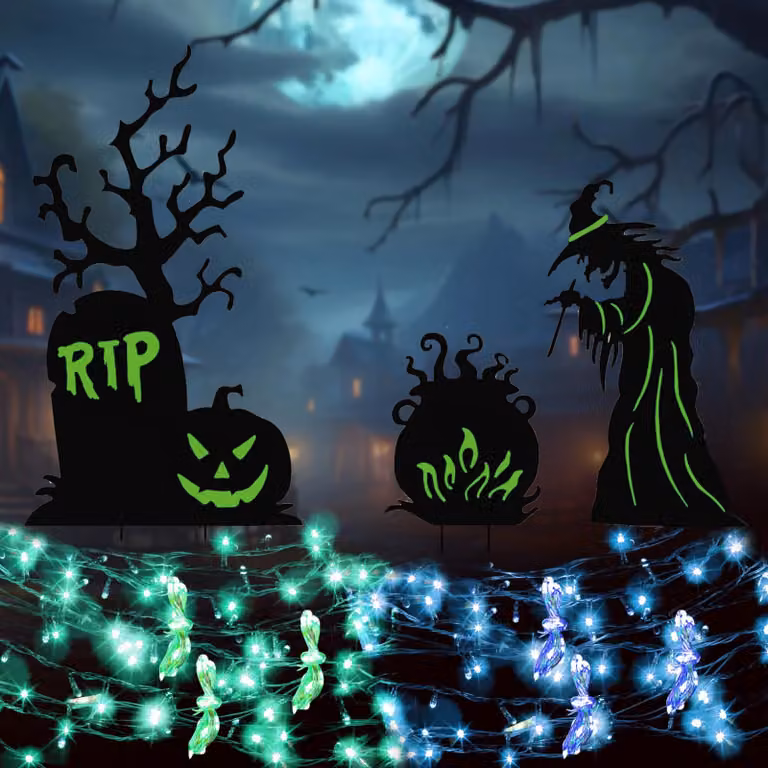 3 lapidi a tema Halloween con 6 catene luminose a LED, lunghezza 3 metri, 90 LED, decorazioni per cimitero