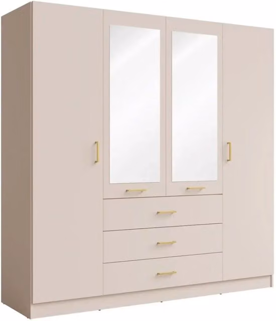 Armadio KALISTA 200 cm COLORI sabbia – 4 porte, 2 specchi, 3 cassetti, maniglie dorate