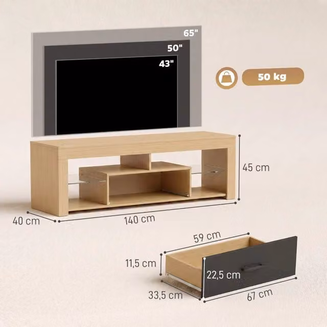 Mobile TV basso moderno WISHDOR in legno e vetro marrone e nero per TV fino a 65 pollici, L: 140 cm, P: 40 cm, H: 25 cm – 1