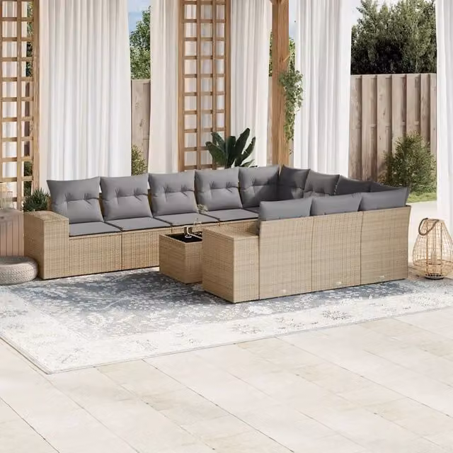 Set di divani da giardino vidaXL a forma di L composto da 11 pezzi con cuscini beige e grigi in rattan e struttura in acciaio verniciato a polvere – 1