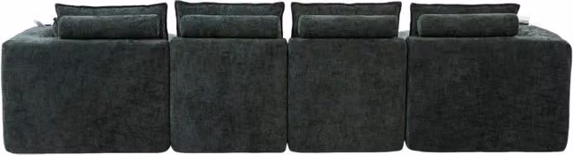 Divano modulare 4 posti con 2 pouf, rivestimento in chenille verde scuro, cuscini, portabicchieri e tasche laterali