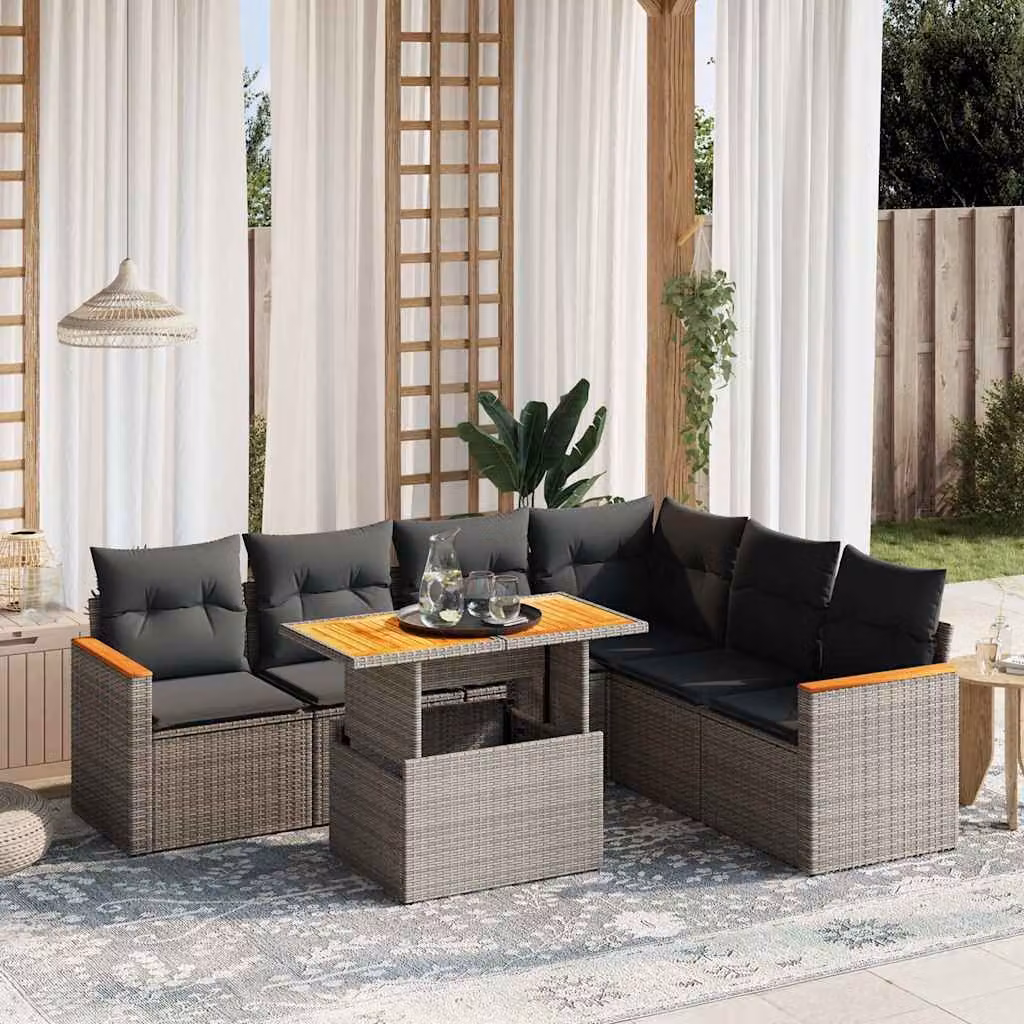 vidaXL Set Divani da Giardino 7 pz in Polyrattan Grigio con Cuscini e Tavolino da Esterno – 1