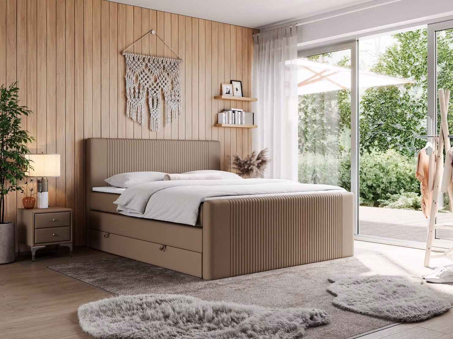 Letto boxspring matrimoniale con materasso a molle insacchettate e due cassetti - KING DOREN - 180x200 cm - Marrone - H4