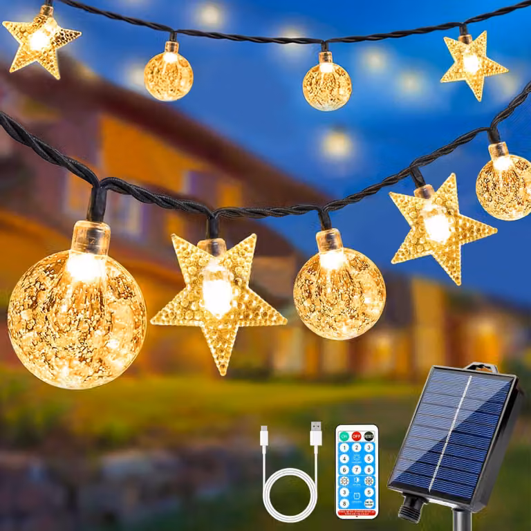 Catena luminosa solare, 18 metri, 100 LED, grado di protezione IP65, 8 modalità, dimmerabile, con timer