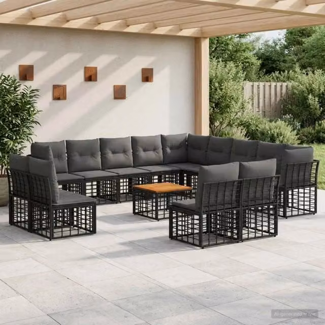 Set di divani da esterno vidaXL a forma di L con tavolo da caffè, colore nero e grigio, struttura in metallo e legno di acacia con cuscini inclusi e resistenti ai raggi UV – 1