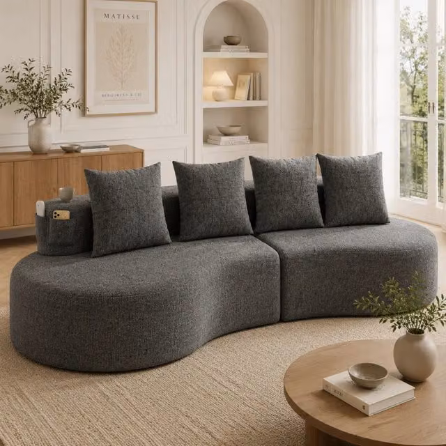 Divano 3 posti in lino grigio scuro 240 cm con portabicchiere e tasche laterali per soggiorno