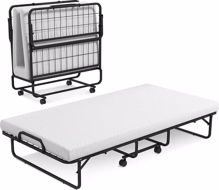 Letto pieghevole per ospiti COSTWAY 97x190 cm, letto pieghevole con materasso in schiuma di 10 cm di spessore, rete a doghe in metallo, letto pieghevole con rotelle e robusto telaio in metallo con portata fino a 180 kg
