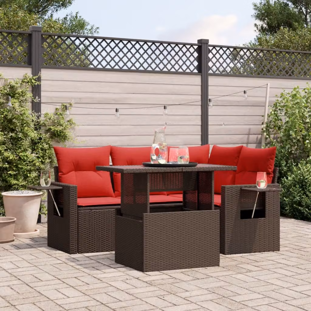 Set Divani da Giardino vidaXL 5 Pezzi a Forma di L con Tavolino in Vetro e Cuscini Marroni e Rossi in Polyrattan e Metallo
