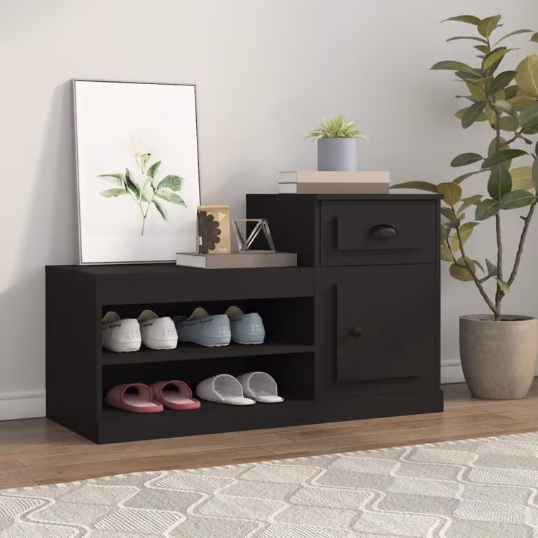 Scarpiera moderna vidaXL nera in legno con ante a cerniera e ripiani interni L: 100 cm, P: 42 cm, H: 60 cm