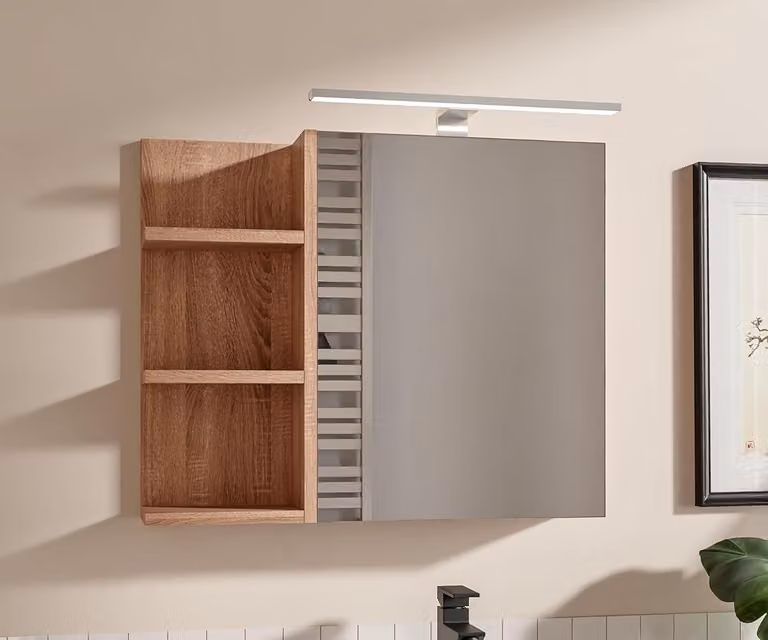 Armadietto Bagno Rovere Sonoma con Specchio e Luce LED 60x50 cm Pensile Bagno 1 Anta Apertura Senza Maniglia Ripiani a Sinistra