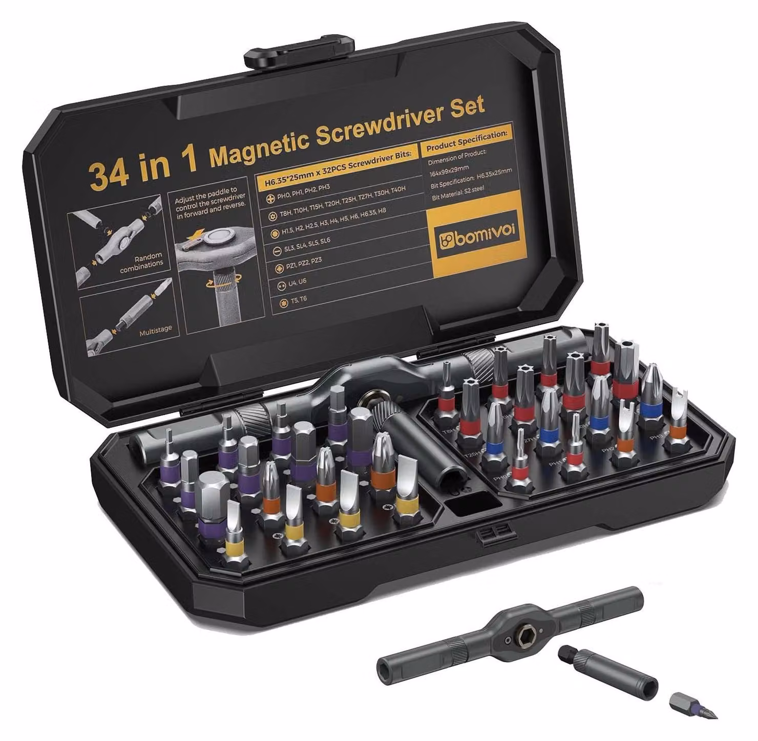 Omgoods - Set di cacciaviti magnetici 34 in 1 - Utensile per il fai-da-te - Kit di strumenti pratico per riparazioni - Nero - Set multi-punta - Adatto per l'assemblaggio di mobili, ecc.