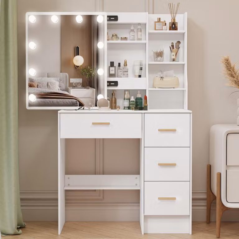 Scrivania con illuminazione a LED - Bianca - In MDF e vetro - 4 cassetti e ripiani - Mobile per camera da letto