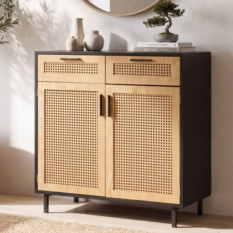 FineBuy Credenza 80x86,5x40 cm Cassettiera nera con vimini viennese Cassettiera alta senza tempo Mobile da terra Soggiorno con 2 ante e cassetti