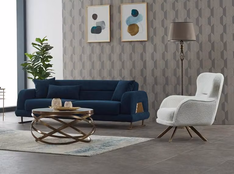 Garnitur Dreisitzer Sessel Couch Stoff 2tlg Polstersofa Sofa Blau Set