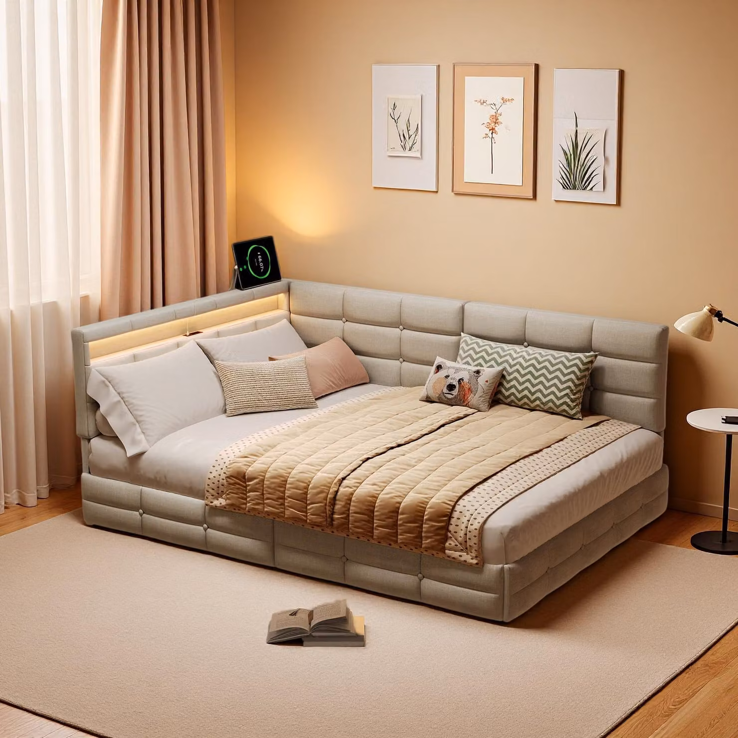 Letto imbottito trasformabile in divano, dimensioni 140x190 cm, con illuminazione LED, porte USB di tipo C e due cassetti, ideale per ragazzi, con rete a listelli, rivestito in lino, colore beige