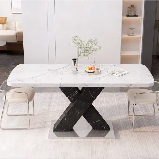 Tavolo da pranzo allungabile con piano effetto marmo bianco e base a X nera in MDF e acciaio 120-160 × 80 × 76.5 cm