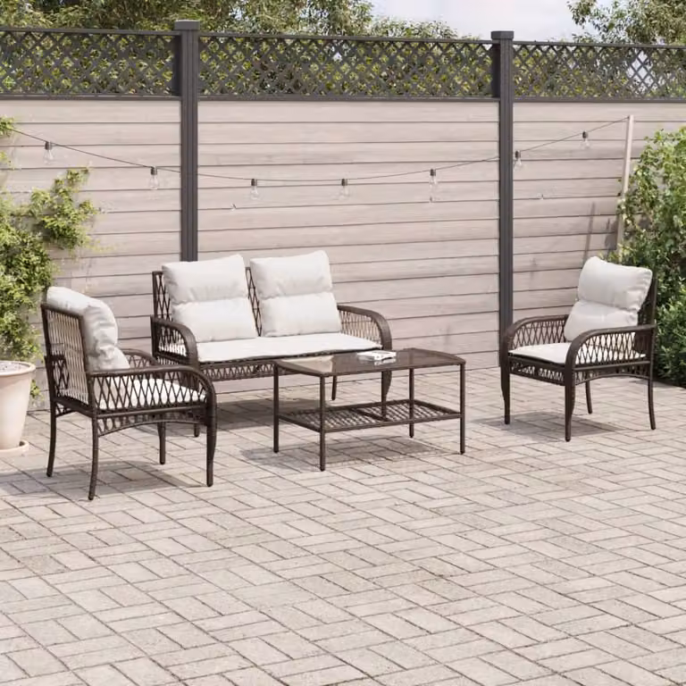 Set Divano da Giardino 4 Pezzi vidaXL con Cuscini e Tavolino, Design Moderno in Polyrattan Marrone e Bianco con Struttura in Acciaio Verniciato a Polvere