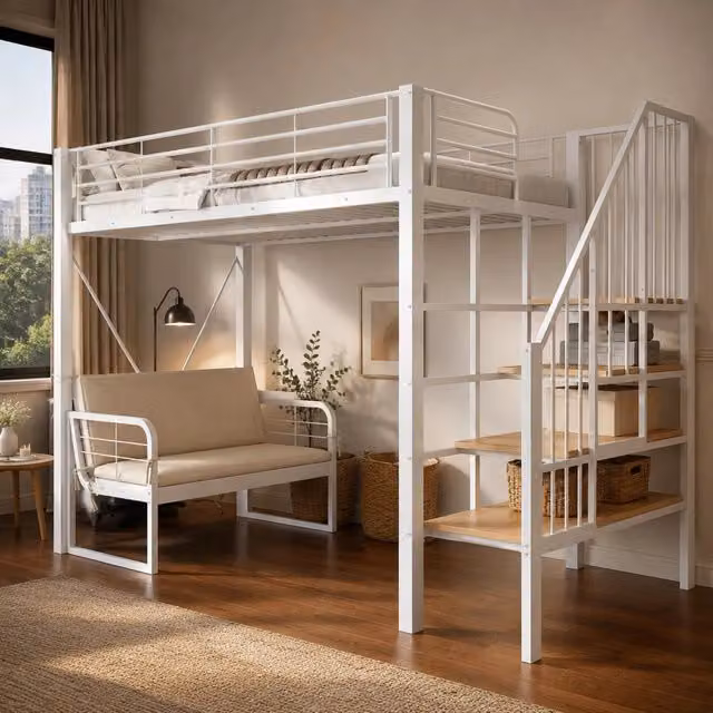 Letto a castello in metallo 90 x 200 cm con divano imbottito removibile e scala contenitore bianco
