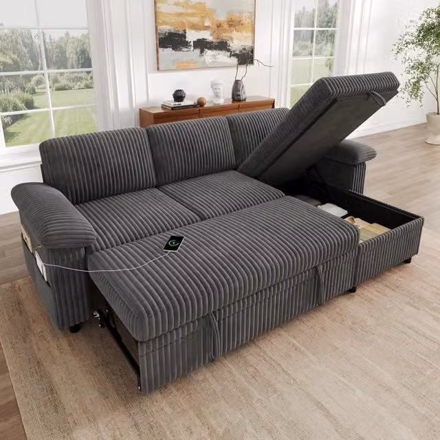 Divano angolare convertibile 212x150x89 cm; schienale regolabile 5 posizioni; divano letto a L reversibile; USB Type-C; velluto a coste; grigio