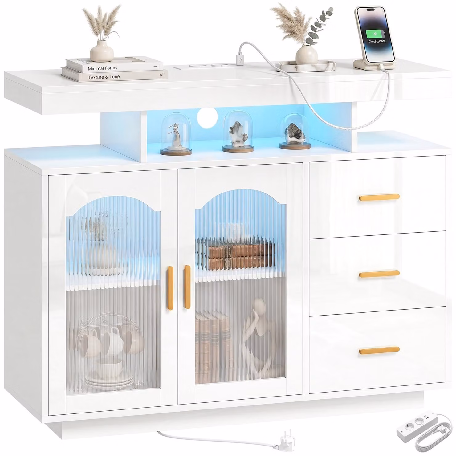 HOMCOM: Credenza alta lucida con illuminazione a LED, prese di corrente e 3 cassetti
