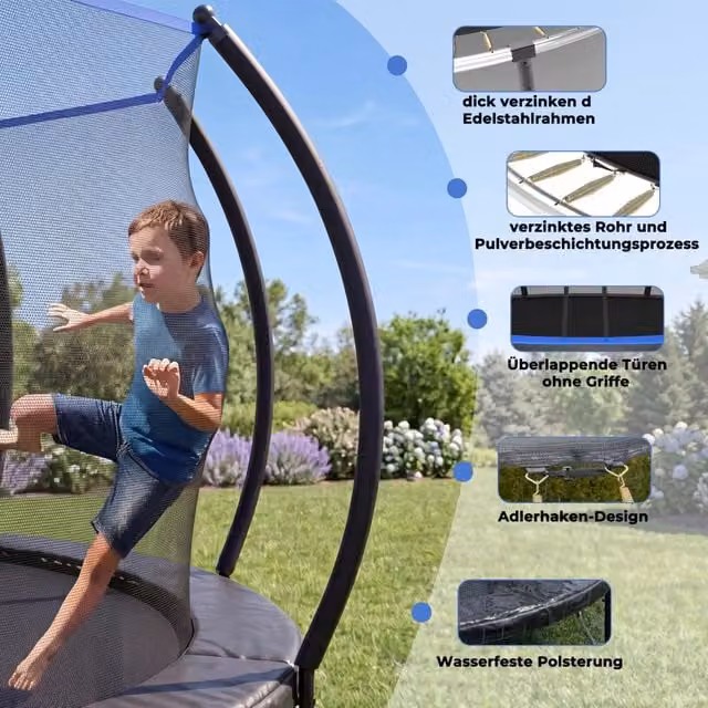 Trampolino da esterno OKWISH con rete di sicurezza e scala in acciaio, nero e blu – 1