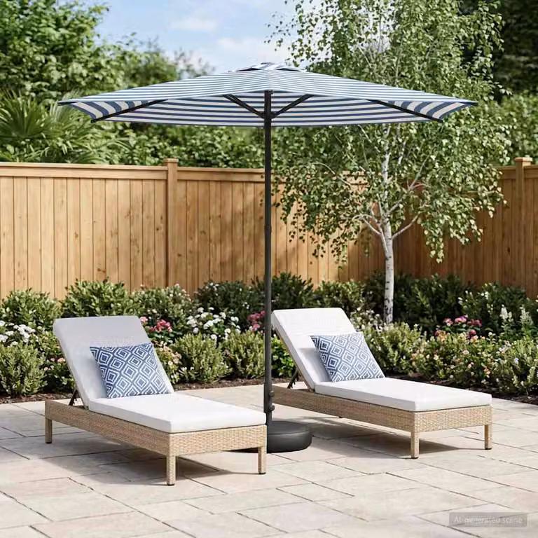 vidaXL Parasole da Giardino con Base Rettangolare in Acciaio e Poliestere, Blu e Bianco, 2,7 x 2,7 m