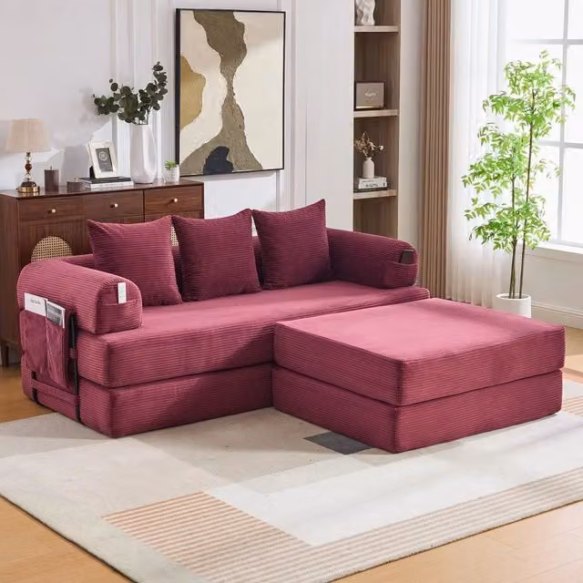 Divano imbottito con poggiapiedi ¨C Minimal ¨C velluto bordeaux, metallo, con cuscini, 3 posti
