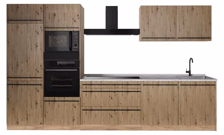 Cucina componibile Vicco R-Line Rovere artigianale/Rovere dorato 340 cm piano di lavoro Marmo, Model 67339