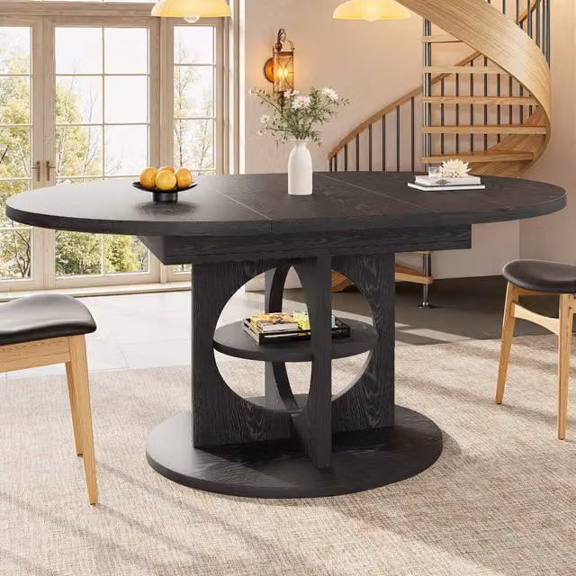 Tavolo da pranzo allungabile rotondo ovale con ripiano integrato in MDF nero
