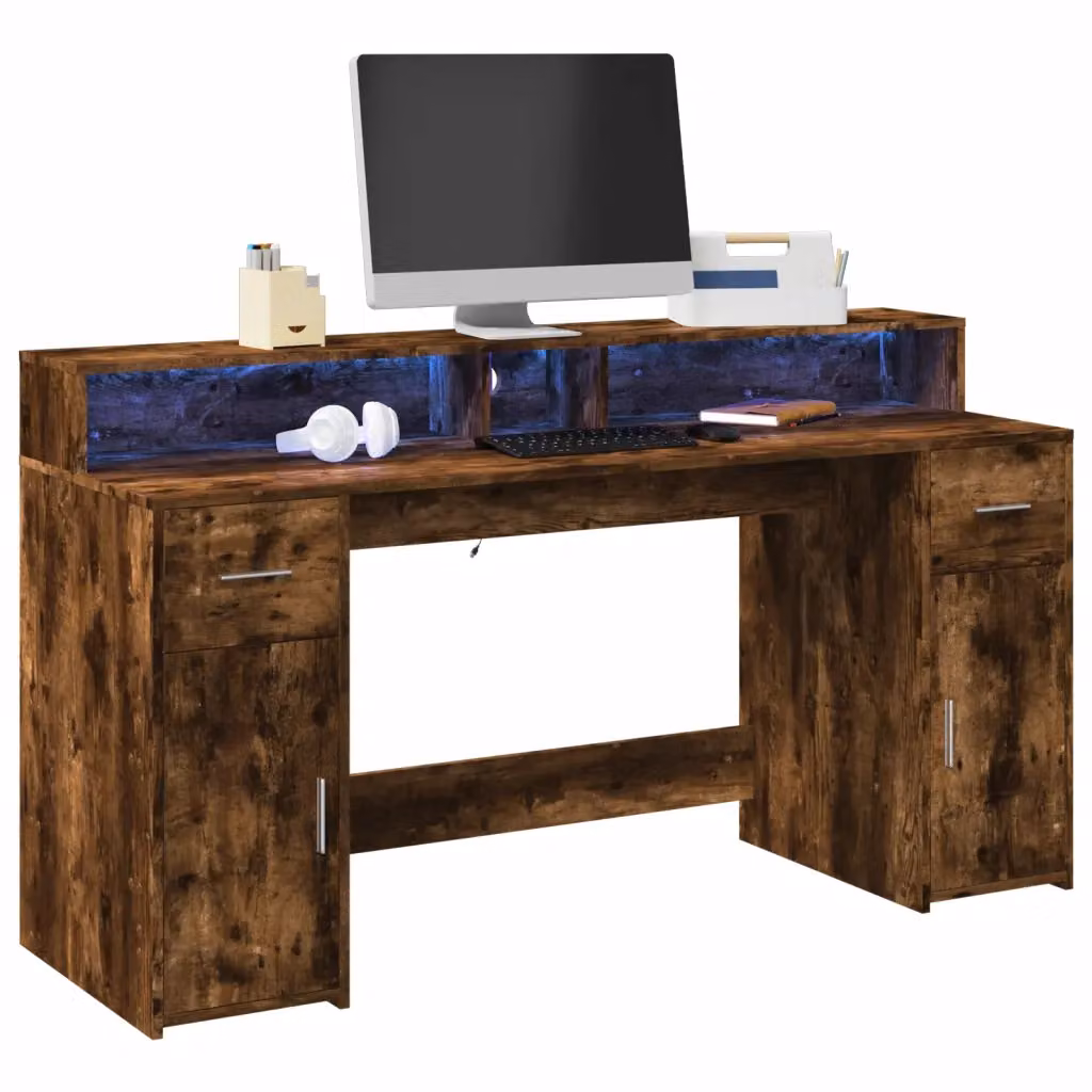 Scrivania da gaming vidaXL con luci LED in legno rovere marrone L: 160 cm, P: 55 cm, H: 91 cm – 1
