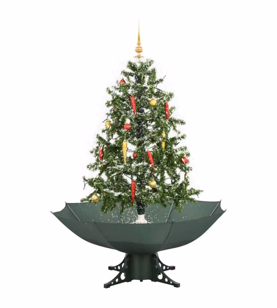 Albero di Natale con Neve e Base a Ombrellone Verde 140 cm