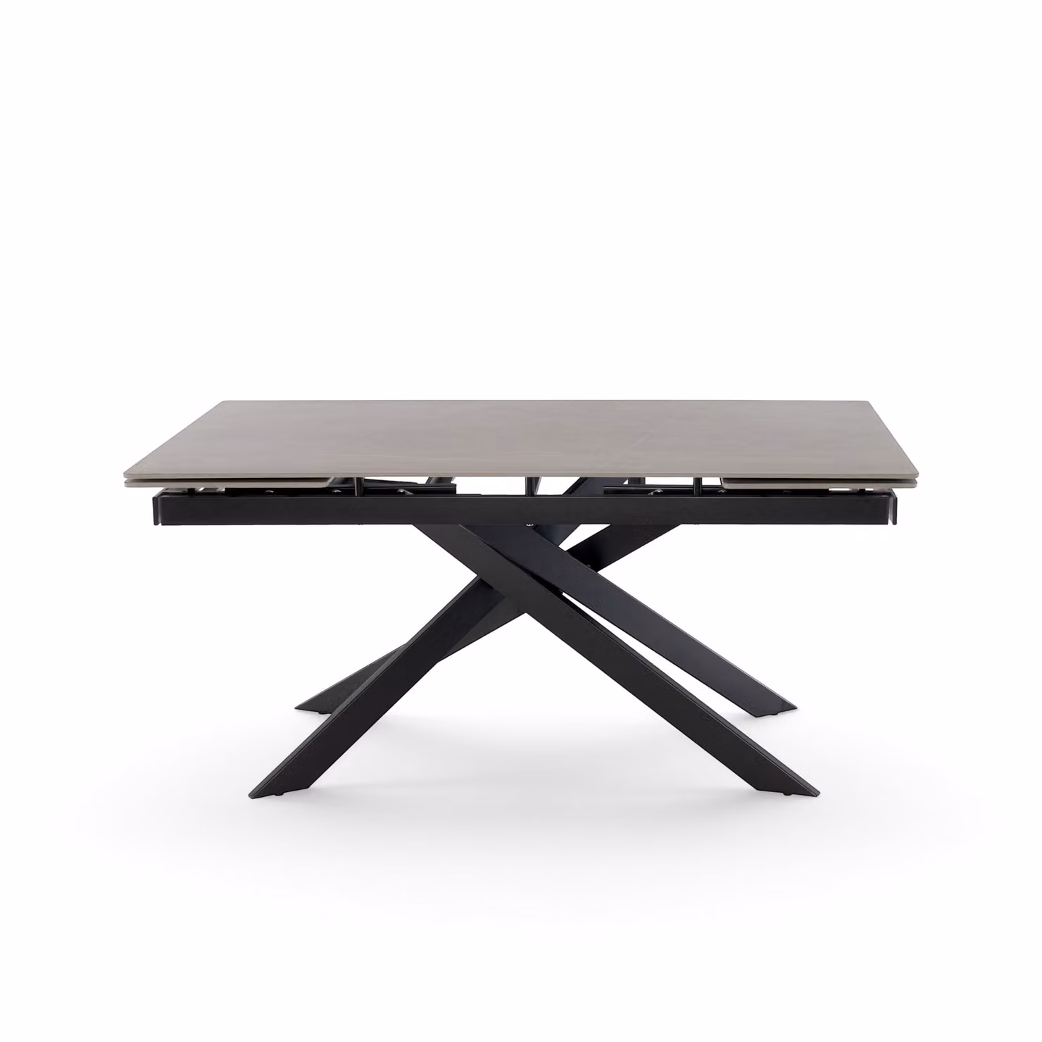 Tavolo allungabile BEVERLY HILLS con piano in ceramica effetto pietra grigio e gambe incrociate in metallo verniciato nero, 160x90x76 cm – 240x90x76 cm