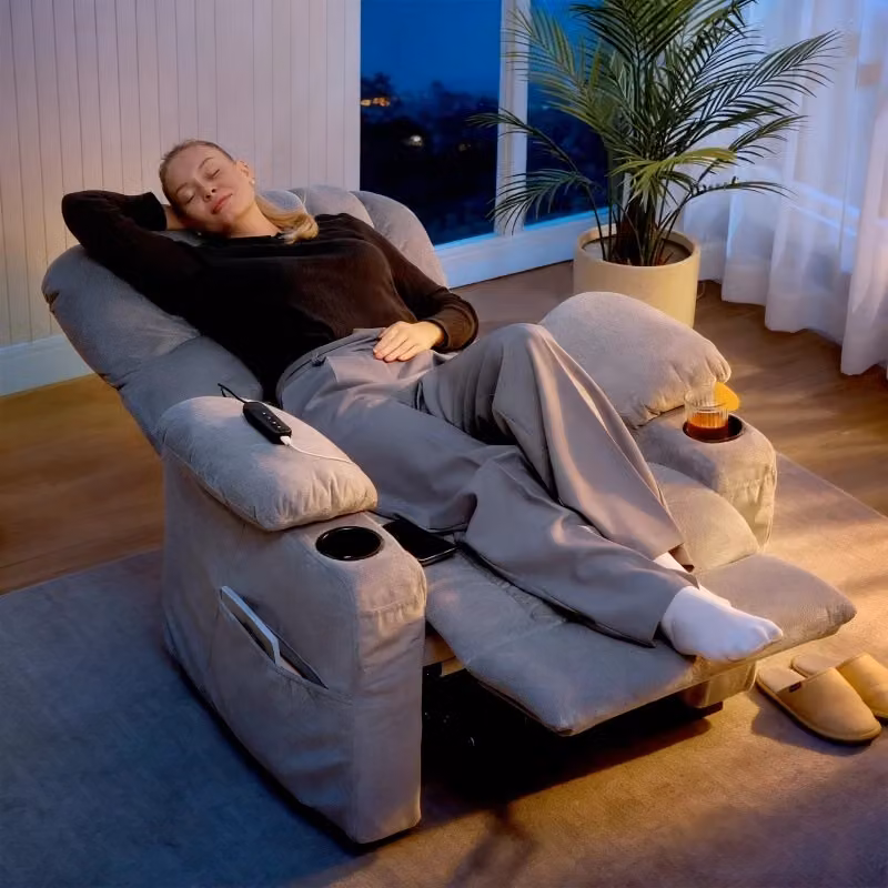 Poltrona Relax Elettrica WISHDOR in Tessuto Effetto Velluto Grigio con USB e Portabicchieri – 2