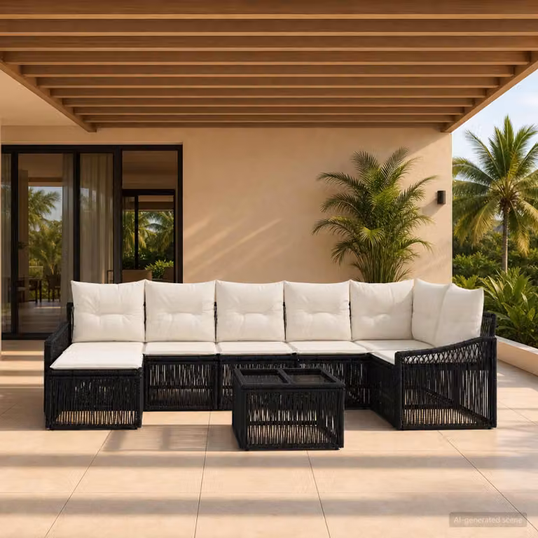 Set Divano da Giardino vidaXL 8 pz Nero in Polyrattan con Struttura in Acciaio e Cuscini Imbottiti