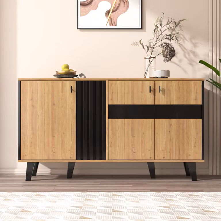 credenza okwishLunghezza 140 cm, mobile da soggiorno in legno e nero con spazio di archiviazione, con luce LED e vetro, versatile e dal look unico.