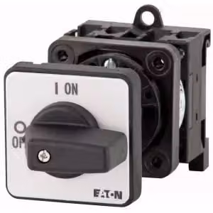 Interruttore on-off Eaton, P1, 25 A, montaggio intermedio, a 3 poli, con manopola nera e targhetta frontale 057708