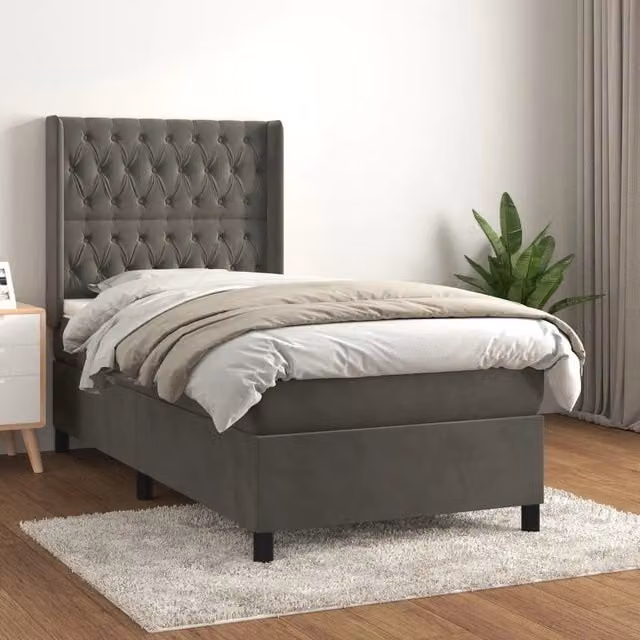 Letto con Giroletto a Molle e Materasso Ibrido vidaXL in Velluto Grigio e Bianco L/P/H: 90 x 190 cm – 1