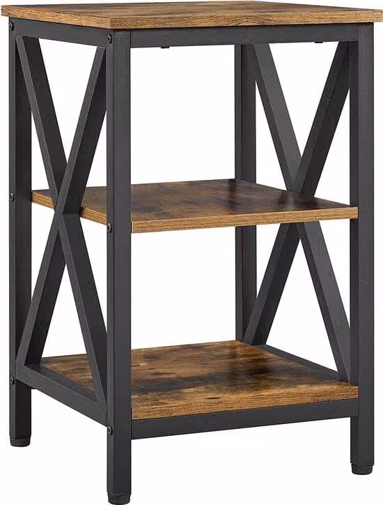 Comodino con 3 ripiani in legno, struttura robusta a X, design industriale, stile vintage, marrone scuro
