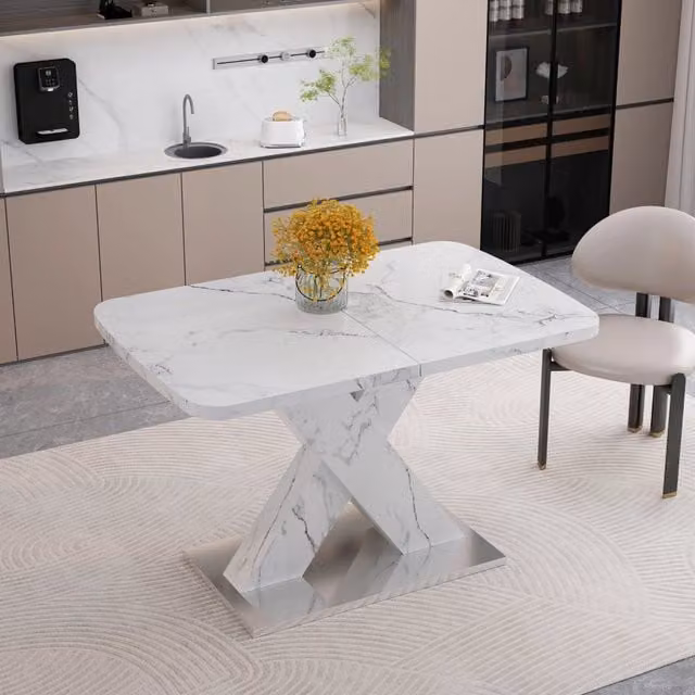 Tavolo da pranzo allungabile FOLYNA con piano effetto marmo bianco in MDF e base a X in metallo L/P/H: 120–160 x 80 x 76.5 cm