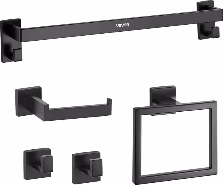Set di accessori per bagno nero opaco, set di 5 accessori per bagno in acciaio inossidabile, portasciugamani da 24 pollici, appendiabiti, 2 ganci per accappatoi, portarotolo, per bagno, montaggio a parete