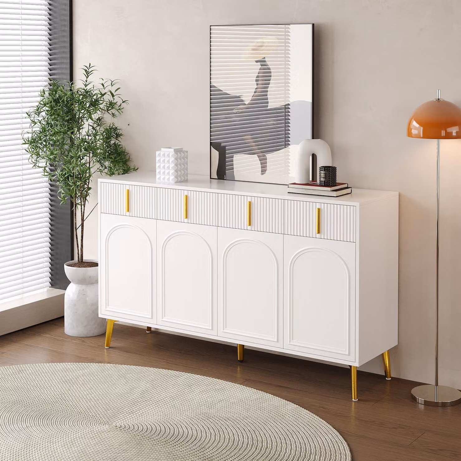 MODFU, Mobiletto contenitore da cucina con 4 ante e 4 cassetti, Credenza con finitura laminata rimovibile, ideale per soggiorno, camera da letto, cameretta, stanza degli adolescenti e ufficio, Bianco