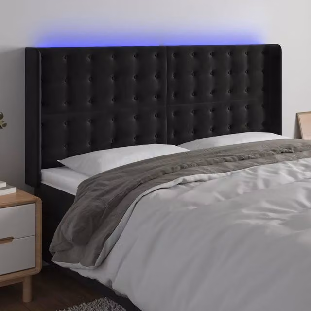 Testiera con LED e porte USB vidaXL in velluto nero L: 163 cm, P: 16 cm, H: 118-128 cm