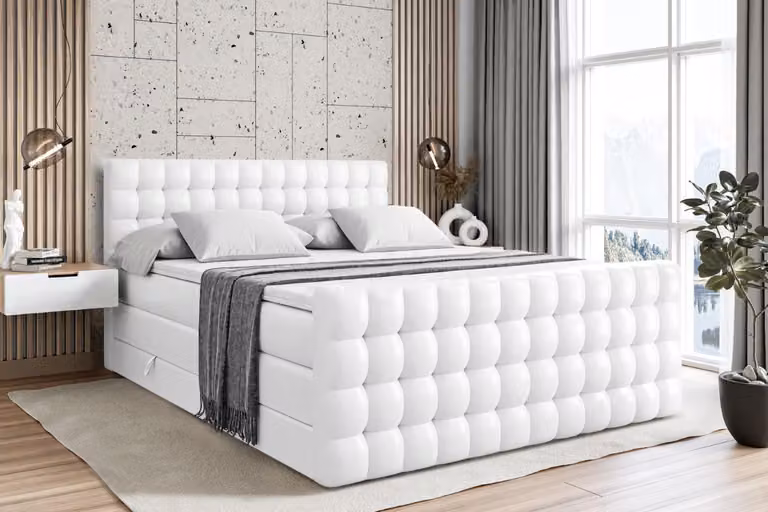 Letto boxspring ALTDECOR con materasso e rete a doghe - VIONE -Z KING - 160x200 cm - Pelle finta bianca - Topper, pediera, letto imbottito con contenitore, letto con vano portaoggetti H3 e H4 - Materasso, letto matrimoniale, letto boxspring