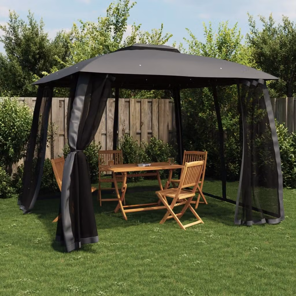 Gazebo con tetto a doppia falda e pareti in rete vidaXL, Acciaio e Poliestere, Antracite, L: 293 cm, P: 293 cm, H: 280 cm