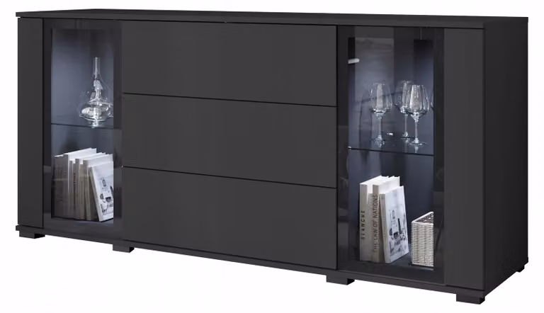 Comò da 150 cm con vetrina, cassetti, ripiani e finitura nera opaca con illuminazione a LED