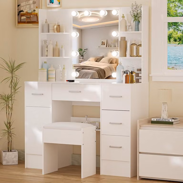 Tavolino da toilette Puselo con illuminazione LED, specchio, sgabello, 6 cassetti - MDF 100x40x140cm