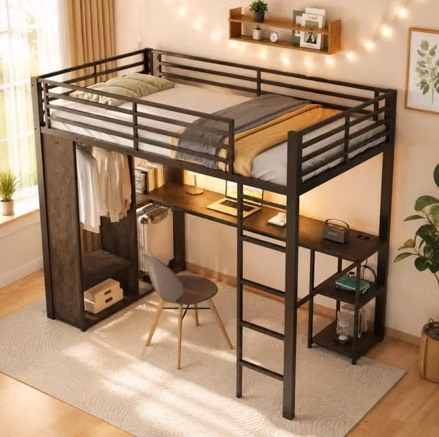 Letto a soppalco 90x200 cm con scrivania, LED e armadio