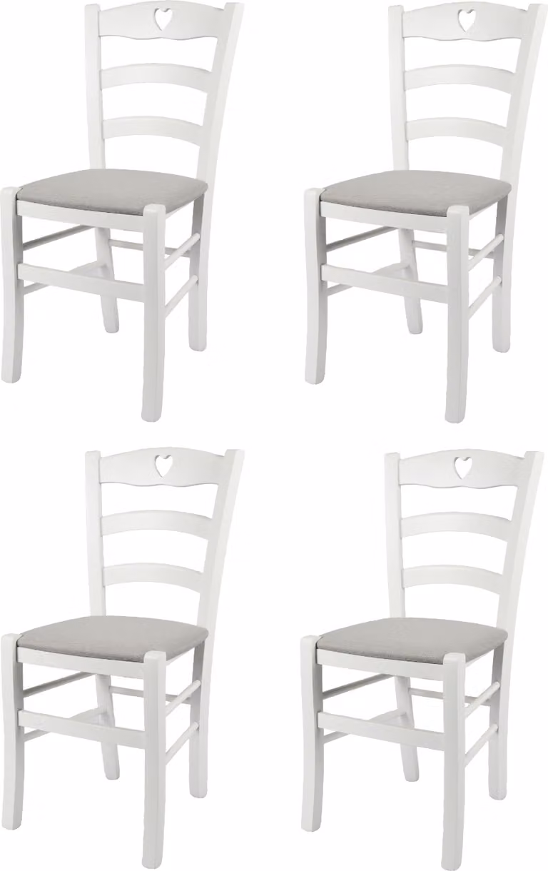 t m c s Tommychairs - Set di 4 sedie CUORE per cucina e sala da pranzo, struttura robusta in legno di faggio, laccato bianco opaco e sedile imbottito rivestito in tessuto nel colore grigio perla